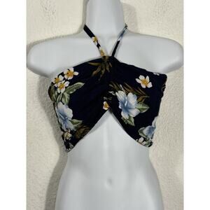 Bali Chic Top One Size Floral Rayon Halter Top Hawaiian‎ Blue